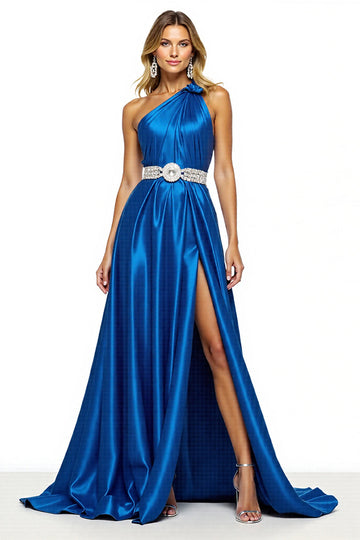 Robe longue de bal en satin bleu royal scintillant avec fente